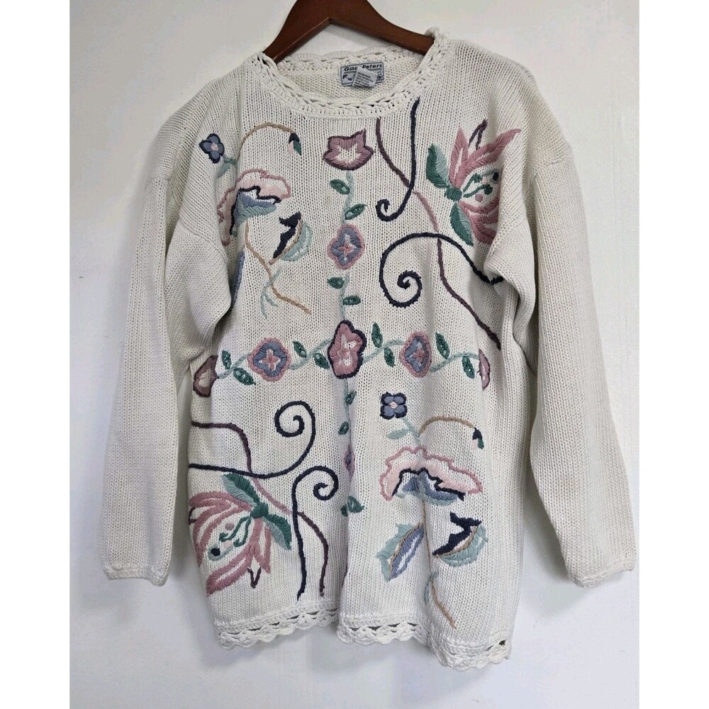 VTG Gina Peters Sweater Womens M Crochet Heritage Floral Cottagecore Grandma